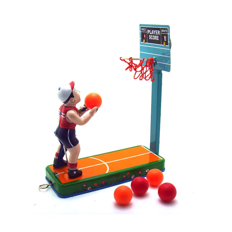 

[Hot] Adult Collection Retro Wind up toy Metal Tin Basketball player shooting basketball stand Clockwork toy figures model gift
