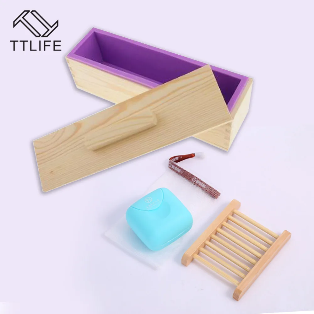 

TTLIFE DIY Handmade Soap Silicone Mold Rectangular Soap Mould with Wooden Box and Wooden Lid - purple + wood, 900ml Baking Mold