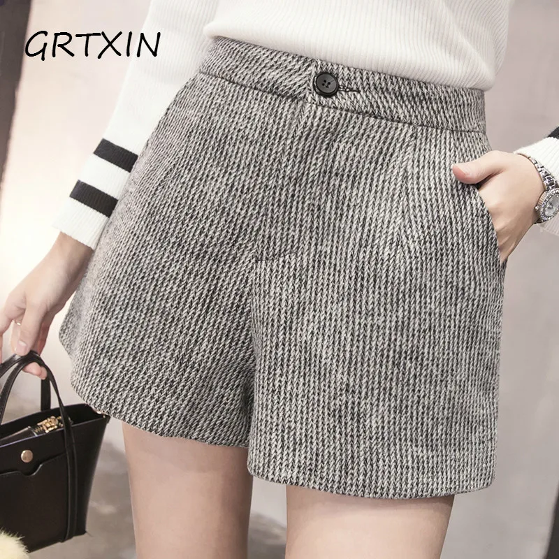 

New Autumn Woolen Shorts Women Winter Loose Wide Leg Shorts Feminino A Line Zipper Pocket Short Femme