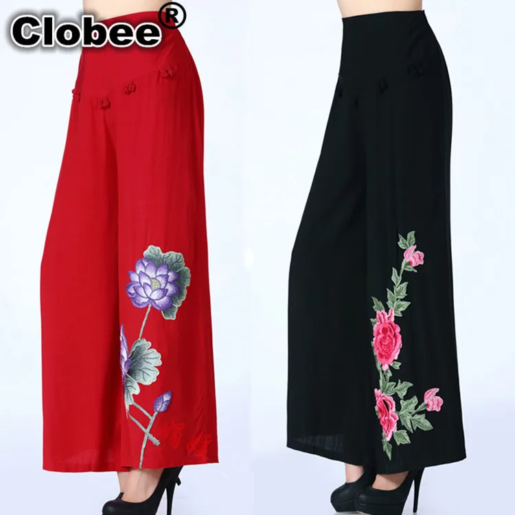 

Deporte Women Vintage Wide Leg Pants Fashion Female Retro Tunic High Waist Oversized Embroidery Cotton Linen Wide Leg Pants H149