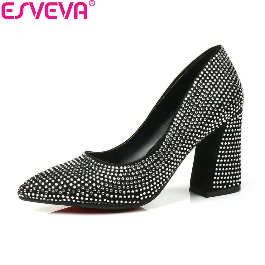 

ESVEVA 2019 Women Pumps Two Kinds Heel Height Square High Heels Pumps Shoes Pointed Toe Crystal Slip on Women Wedding Size 34-43