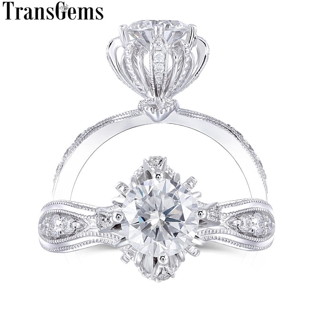 

Transgems 14K 585 White Gold Center 1ct 6.5mm F Color Moissanite Engagement Ring for Women Wedding Vintage Ladies Ring