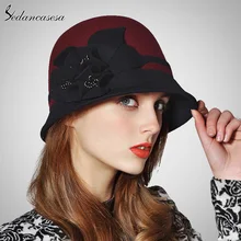 Sedancasesa Новая мода осень зима английский стиль винтажная Женская фетровая шляпа фетровые шапки Клош шляпы с цветами ручной работы