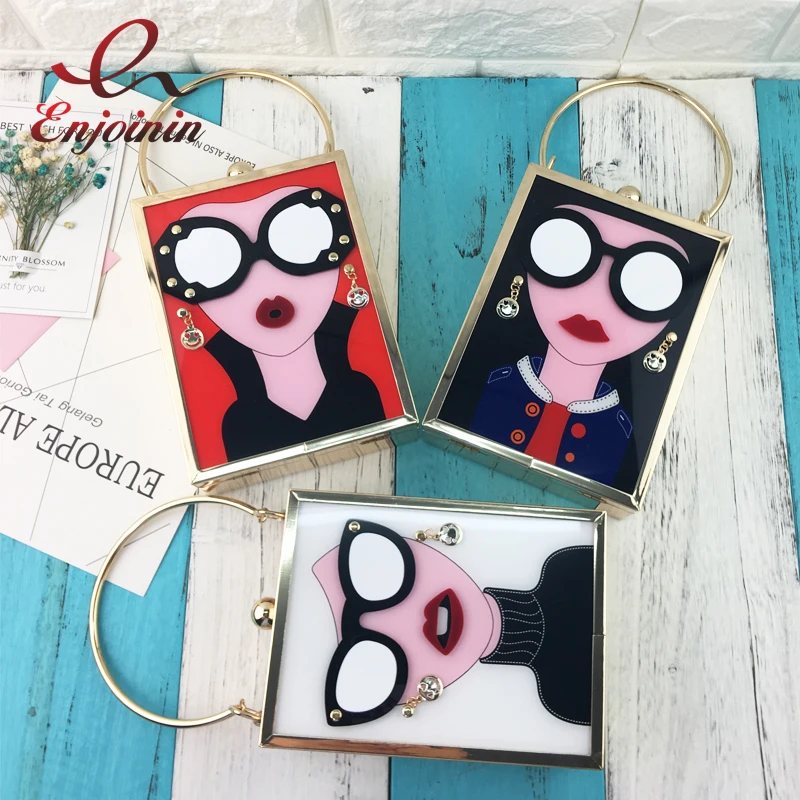 

Fashion acrylic pu leather sexy cartoon pattern ladies handbag party purse chain shoulder bag crossbody mini messenger bag flap