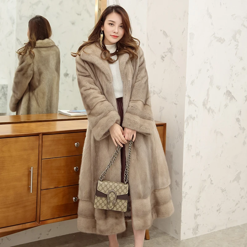 

110cm long outerwear coats 4XL 5XL natural imported mink fur coat 2018 women's Winter whole skin mink fur overcoat