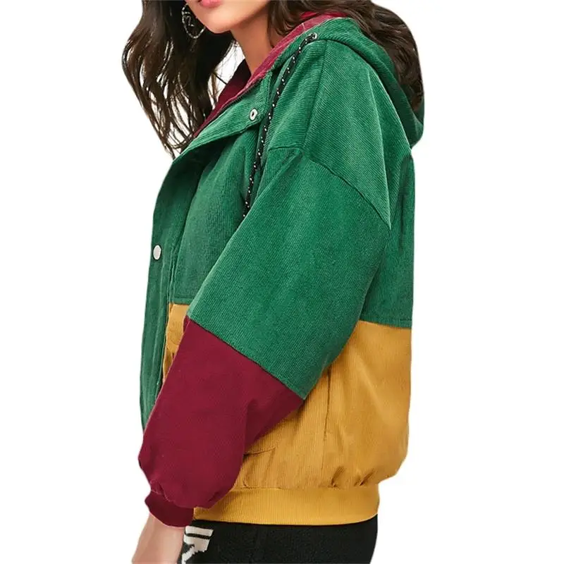 3XL размера плюс цвет блок с капюшоном Вельветовая куртка для женщин зима теплый шнурок хит цвет заплатки Толстая смесь женщин Пальто Harajuku
