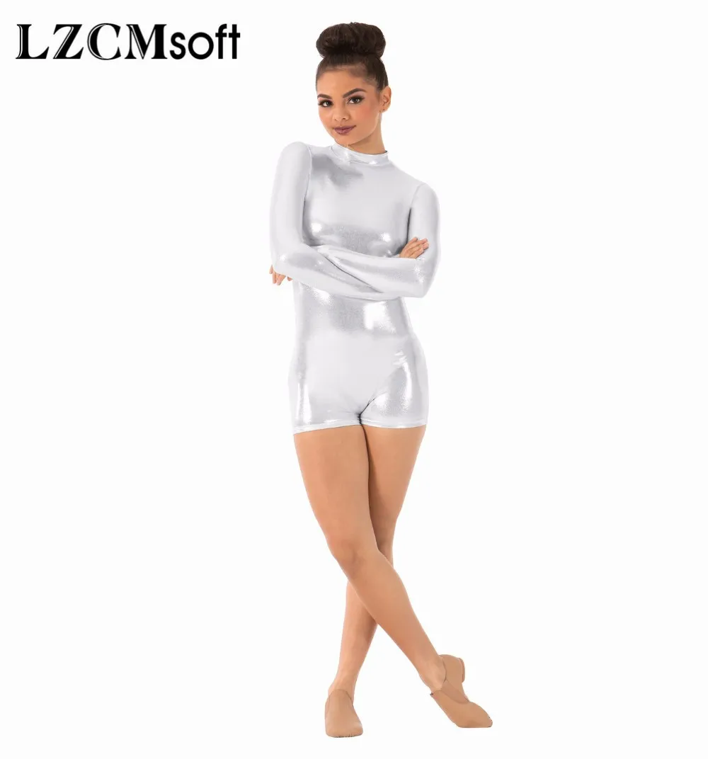 LZCMsoft Shiny Metallic Long Sleeve Biketards One Piece Wet Look Bodysuits Mock Neck Women Gymnastics Stage Performance Costumes