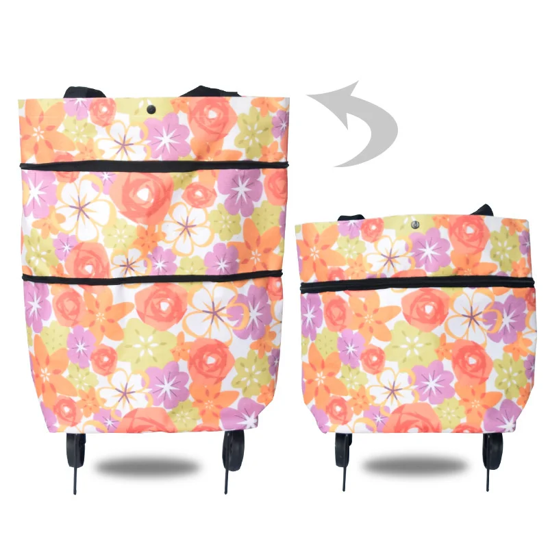 RUPUTIN New Folding Portable Shopping Bags Buy Vegetables Bag High Capacity Shopping Food Organizer Trolley Bag On Wheels Bags - Цвет: Orange flower