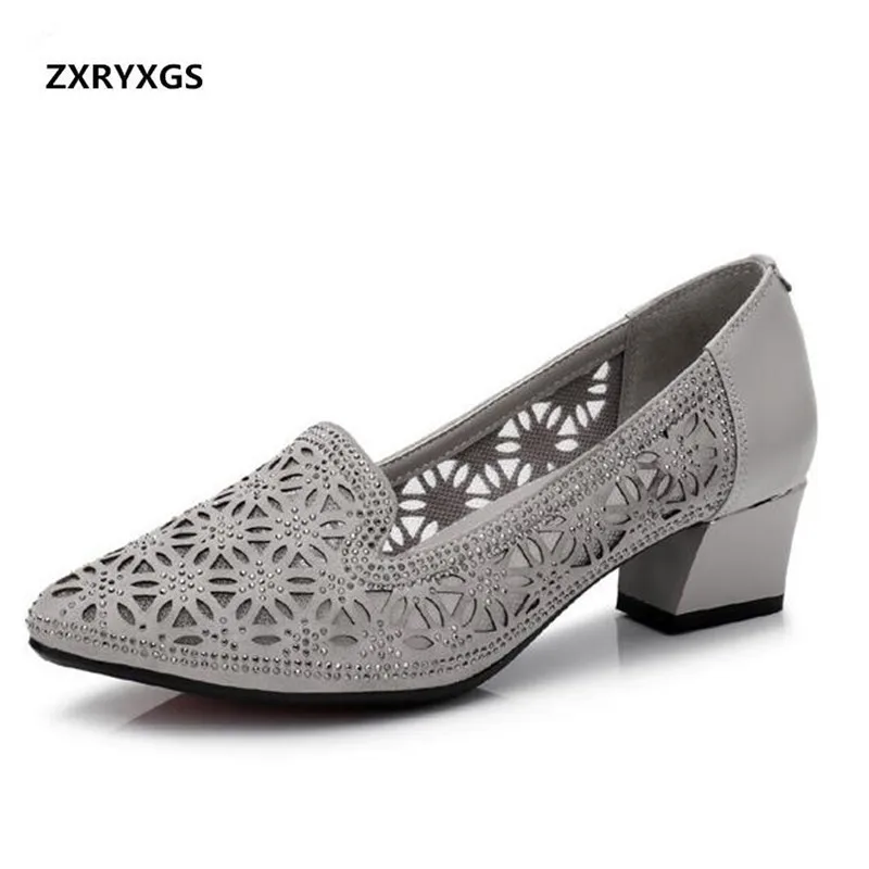 

2018 New Pointed Shallow Mouth Women Shoes Fashion Lace Mesh Hollow Genuine Leather Shoes Women's Shoes with Thick High Heels