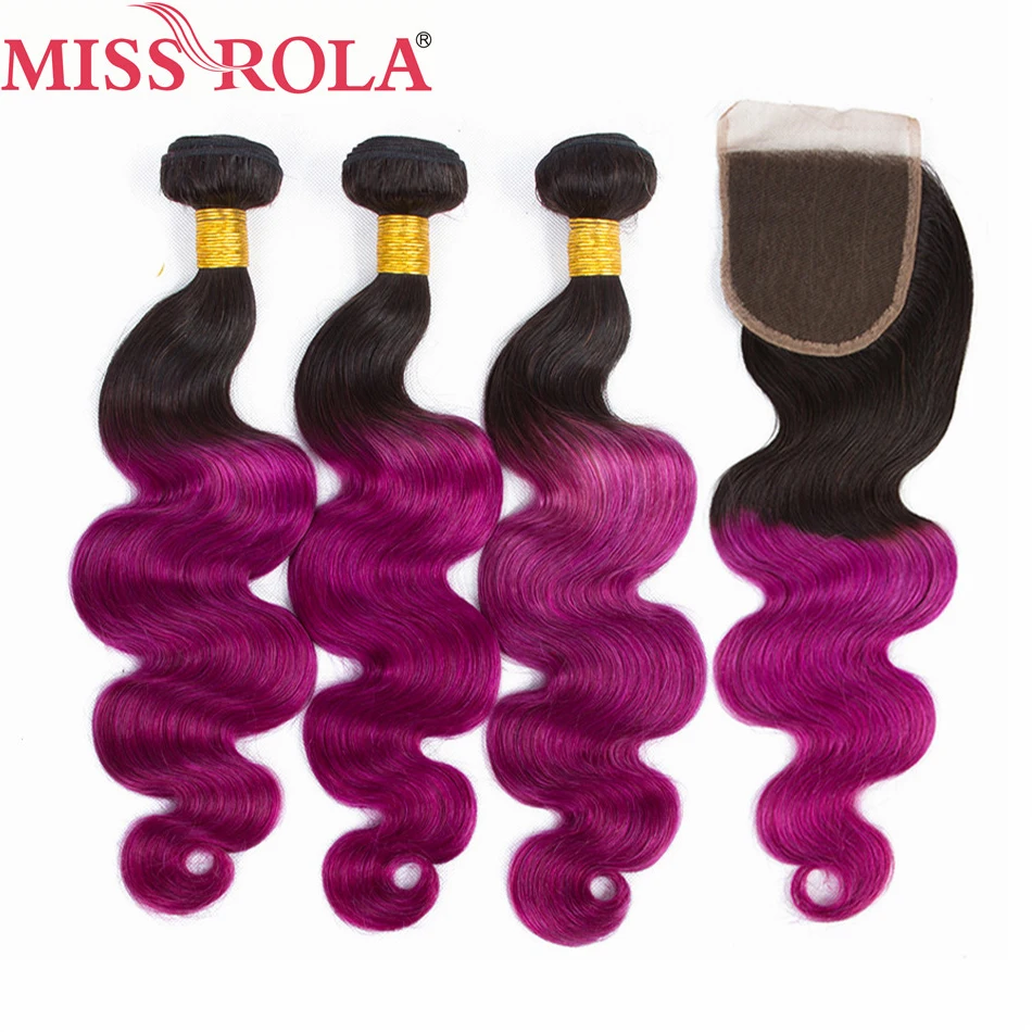 

Miss Rola Hair Peruvian Body Wave Hair Weaving 3 Bundles With Closure #T1B/Purple Color 100% Human Non-Remy Hair Extensions