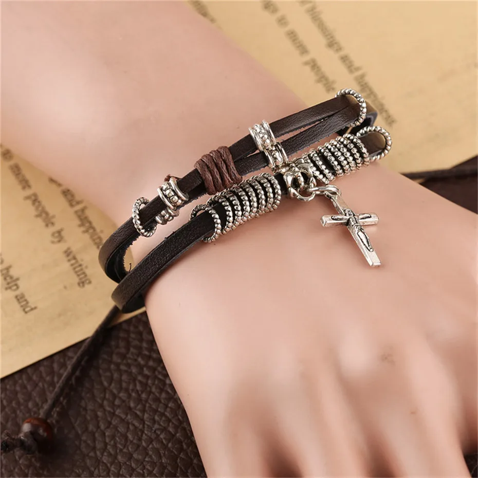 Punk Style Cool Cross Multilayer Women Men Bracelets Vintage Hand-woven Stylish Jewelry Fashion Charm Leather Bangle (5)