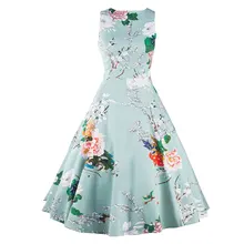 Frauen weinlese-50er 60er Stil O Neck Blumendruck Rockabilly Cocktail Party Weinlese-kleid Audrey Hepburn Retro kleid Robe Vestidos