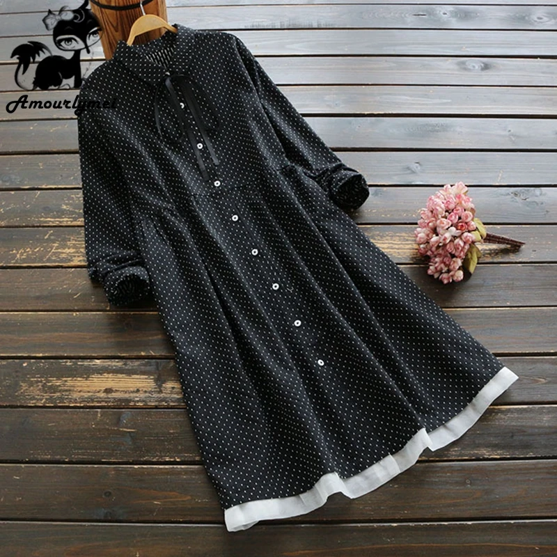 

2018 Autumn Women Dress Mori Girl Loose Turn down Collar Bow Lace-up Polka Dot Long Sleeve Cotton Linen Dress Female Vestidos