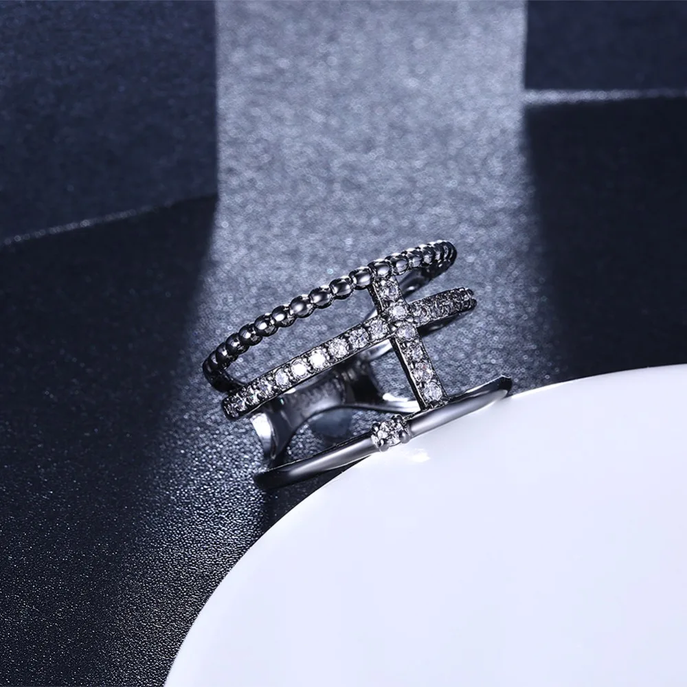 Geometric Design Cubic Zirconia Party Accessorise Black Gun Color Rings For Womens Fashion Jewelry (JewelOra RI103321)
