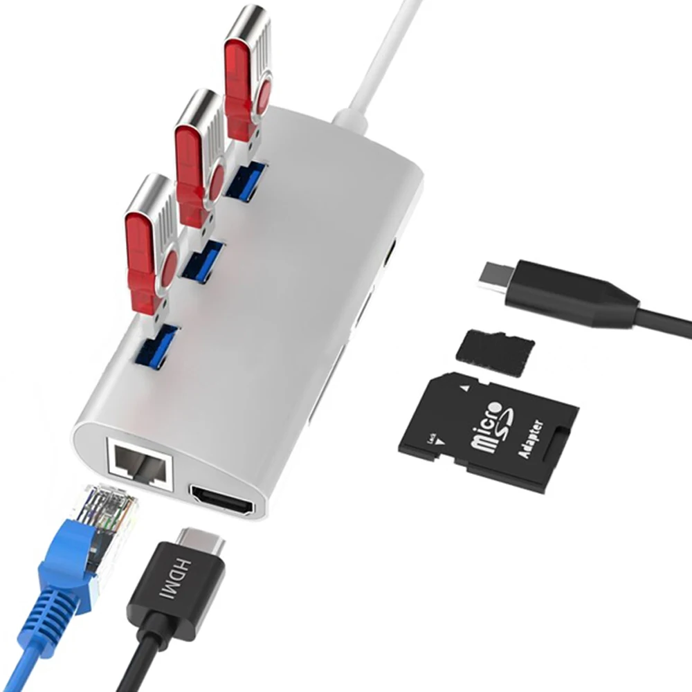 8 в 1 USB C док станция/USB Тип многопортовый адаптер к HDMI 4K/PD зарядный порт/USB 3 0/RJ45 Gigabit