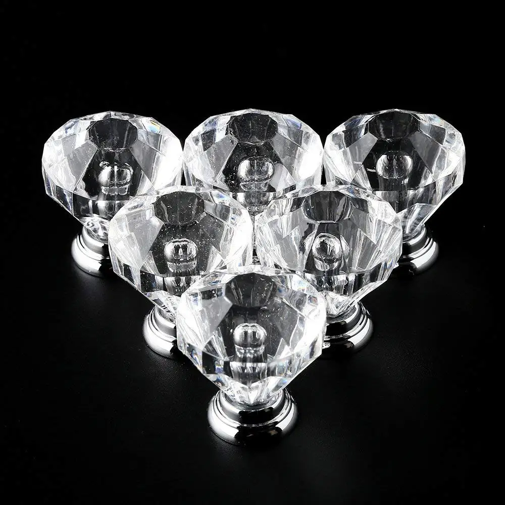 12pcs Glass Drawer Door Knob Crystal Diamond Handle Pull Dia 35mm for Wardrobes Cabinets Cupboards Furniture Transparent