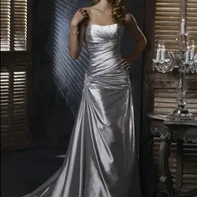 Дизайн Горячая трапециевидной формы без рукавов серебряные атласные свадебные платья