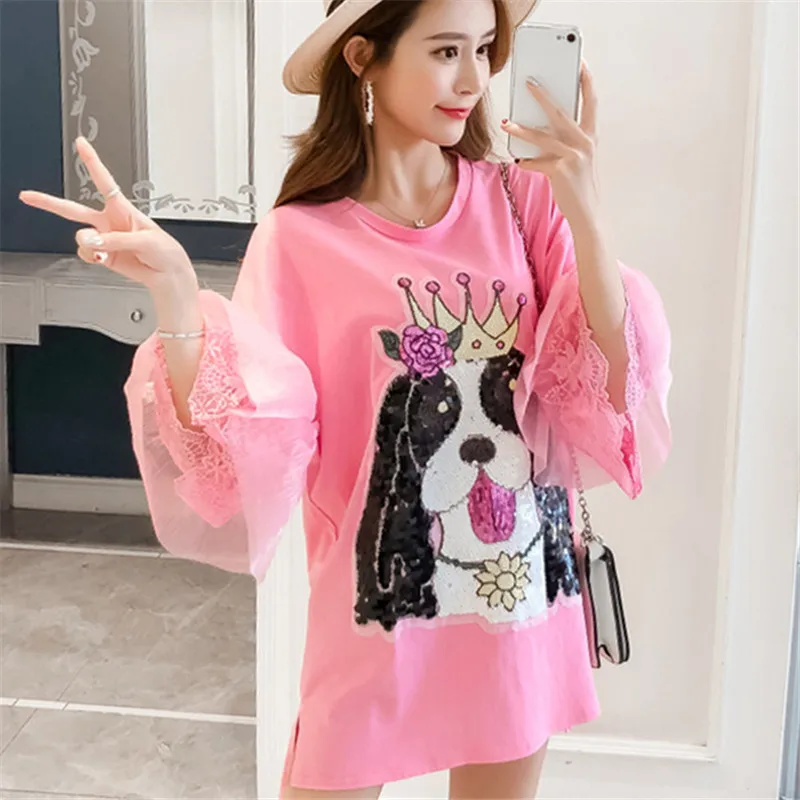 

Sequined T-shirts Beading Cartoon Dogs Lace Patchwork Tees Sweet Gauze Puff Sleeved Casual O-Neck Long Shirt Dress Summer Tops