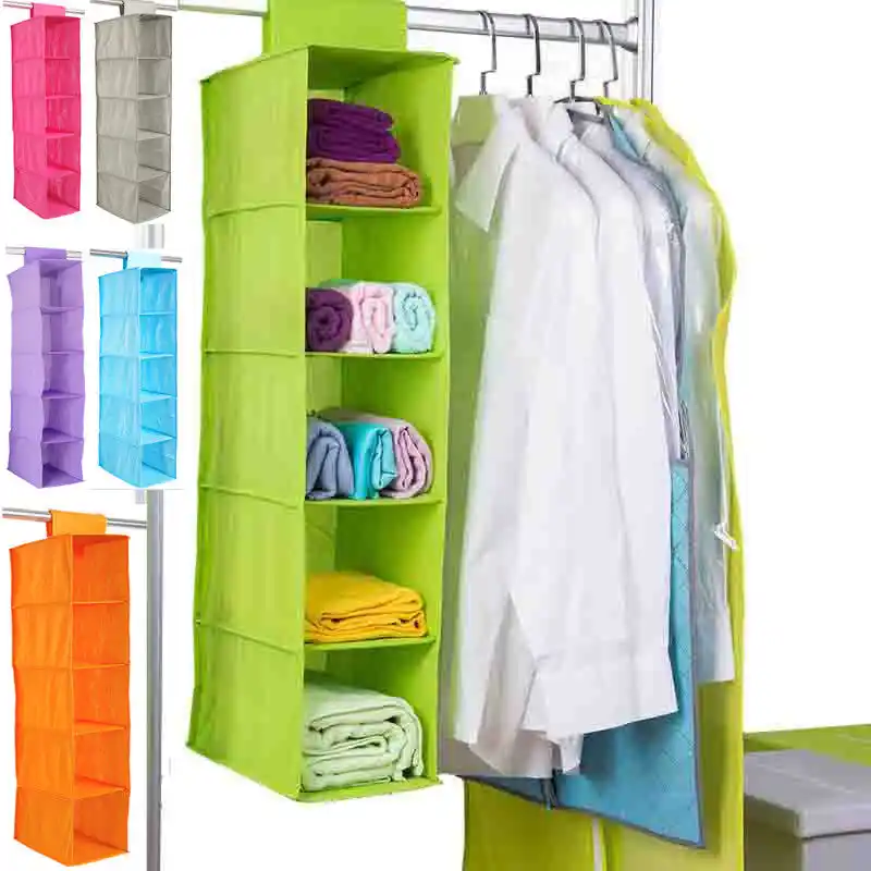 5 Shelf Foldable Hanging Wardrobe Section Storage Organiser Shoe