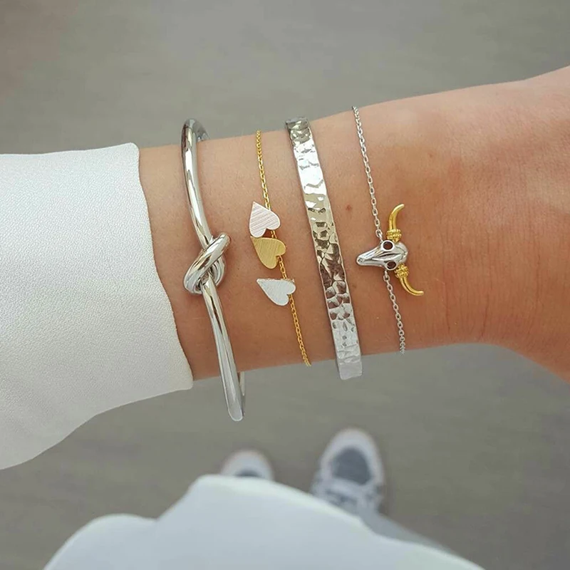 4 Pcs/Set Bohemian Bull Head Knotted Heart Chain Opening Multilayer Silver Color Bracelet Set Women Personality Jewelry  | Украшения и