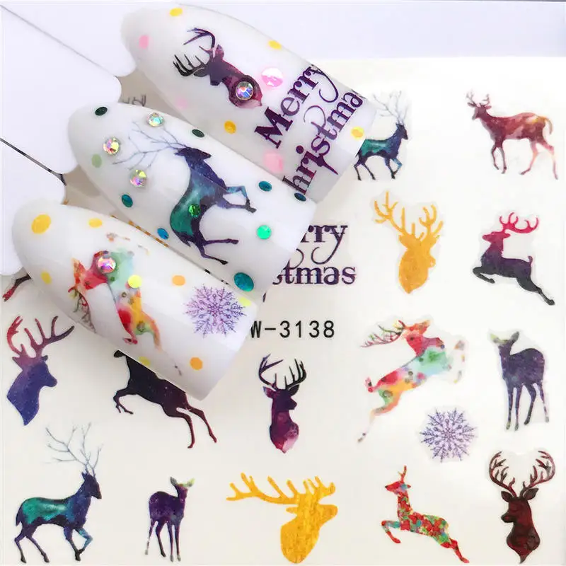 FWC 1 Sheet Christmas Snowflake Nail Sticker Santa Claus Deer Pattern Transfer Sticker Manicure Nail Art Decals - Цвет: YZW-3138