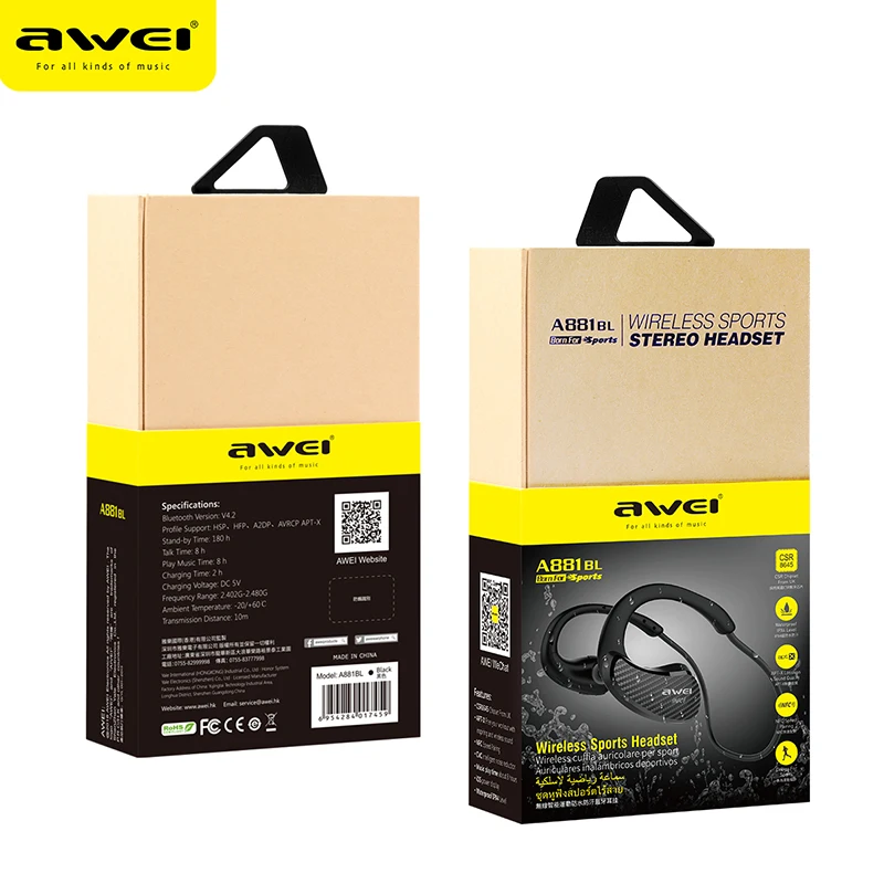 AWEI A881BL NFC Wireless Bluetooth Earphone Sport Waterproof Wireless Headphones with mic Stereo Bluetooth Headset for phone