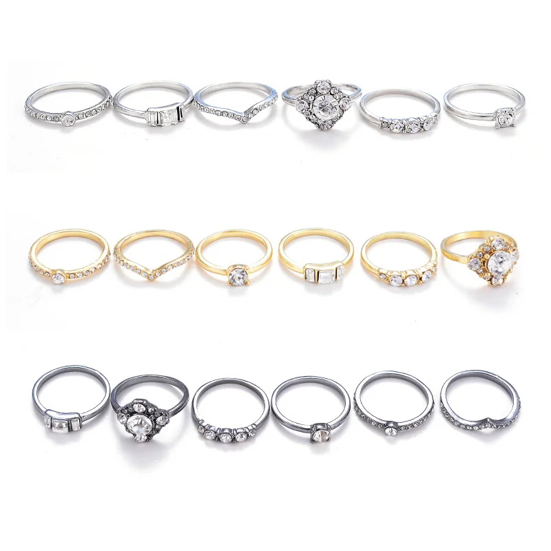 (6pcs /set) Hot Shiny Gold Color Crystal Austrian Zircon Rings Set Noble Charms Wedding Rings For Women Girls Fashion Jewelry