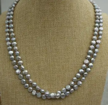

100% Real Pearl Jewelry ,AA 7-8mm,2rows Gray Color Baroque Freshwater Pearl Necklace,Women Wedding ,Love,Mothers Day Gift