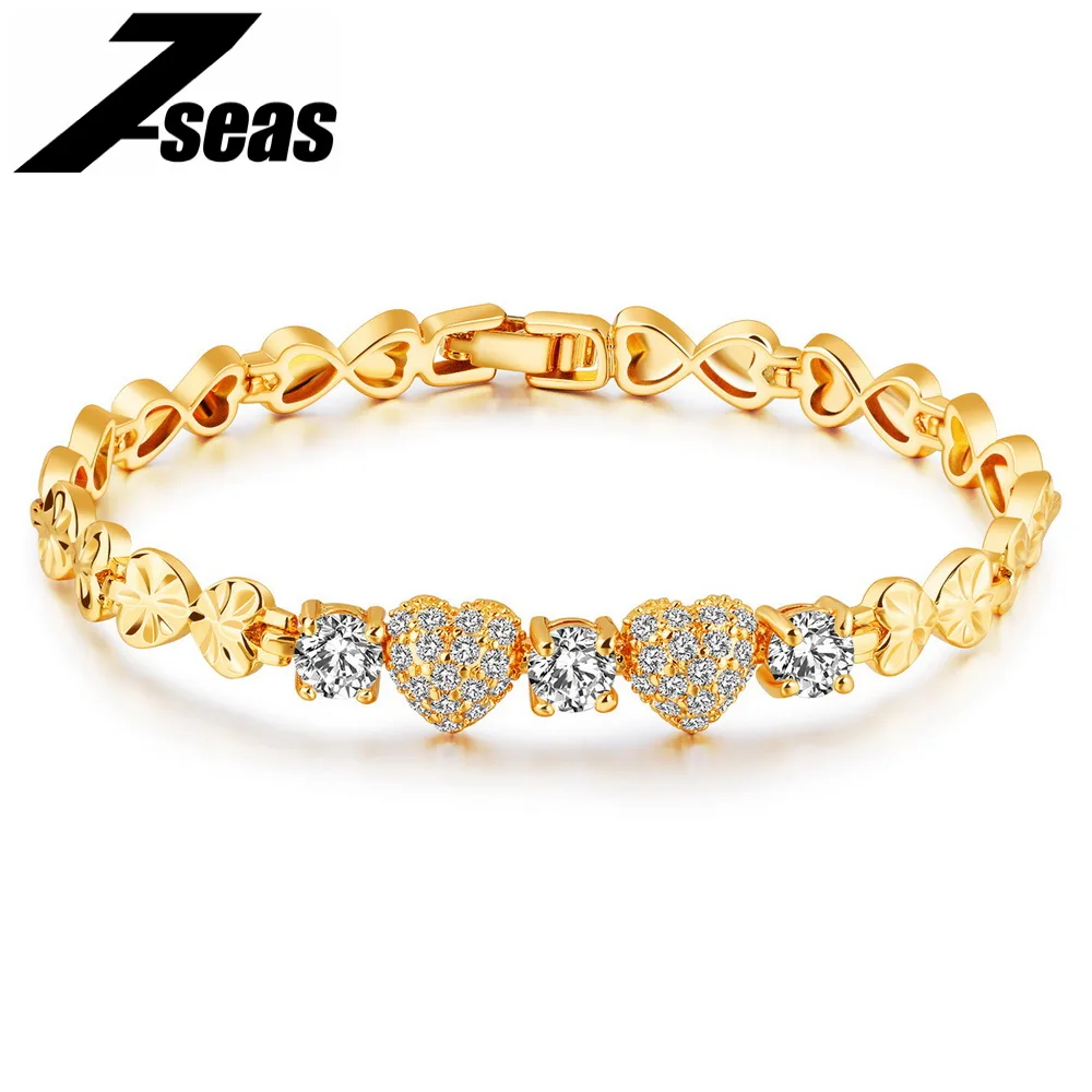 7SEAS Luxurious Heart Gold Color Women 's Bracelet Pave Cubic Zirconia