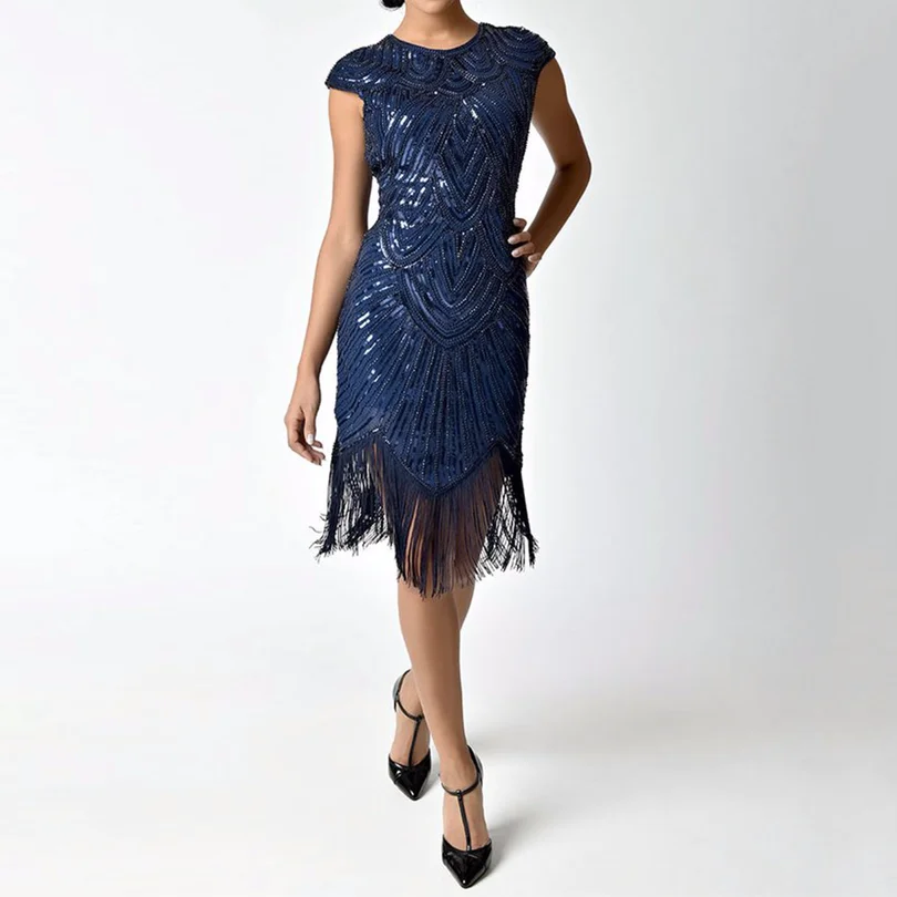 Vintage 1920s Great Gatsby Dress Flapper Costume Cap Sleeve Astrid Short Sequin With Tassel Halloween Fancy |