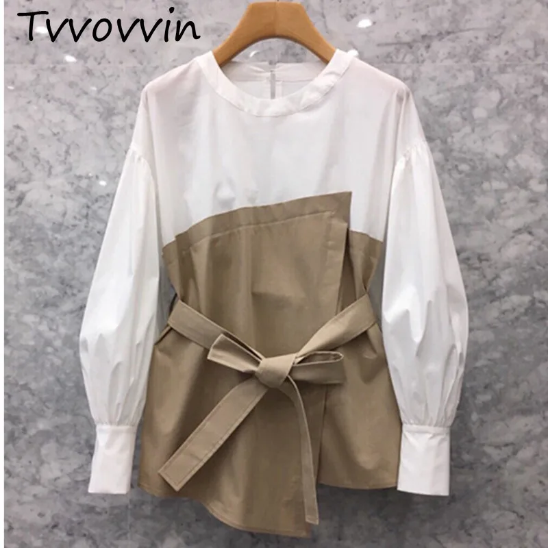 

TVVOVVIN 2019 New Spring Summer Pattern Round Collar Long Sleeve Hit Colors Adjustable Waist Vintage Shirt Women Woman V882