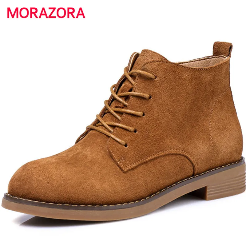 

MORAZORA 2018 new comfortable short plush cow suede leather boots autumn winter round toe low heel ankle boots zip women boots