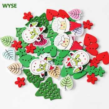 

WYSE 50pc Wood Button Natural Print Christmas Snowflake Tree Heart Leaves Sewing Buttons Scrapbook DIY Craft Wooden Bottons