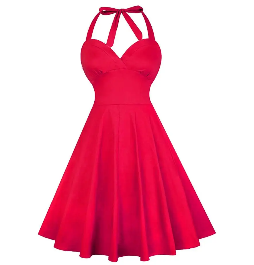 Красный Винтаж вечерние платье Для женщин с лямкой через шею для танцев летняя пин-ап платье элегантные хлопковые Винтажные наряды размера плюс 4XL Vestidos