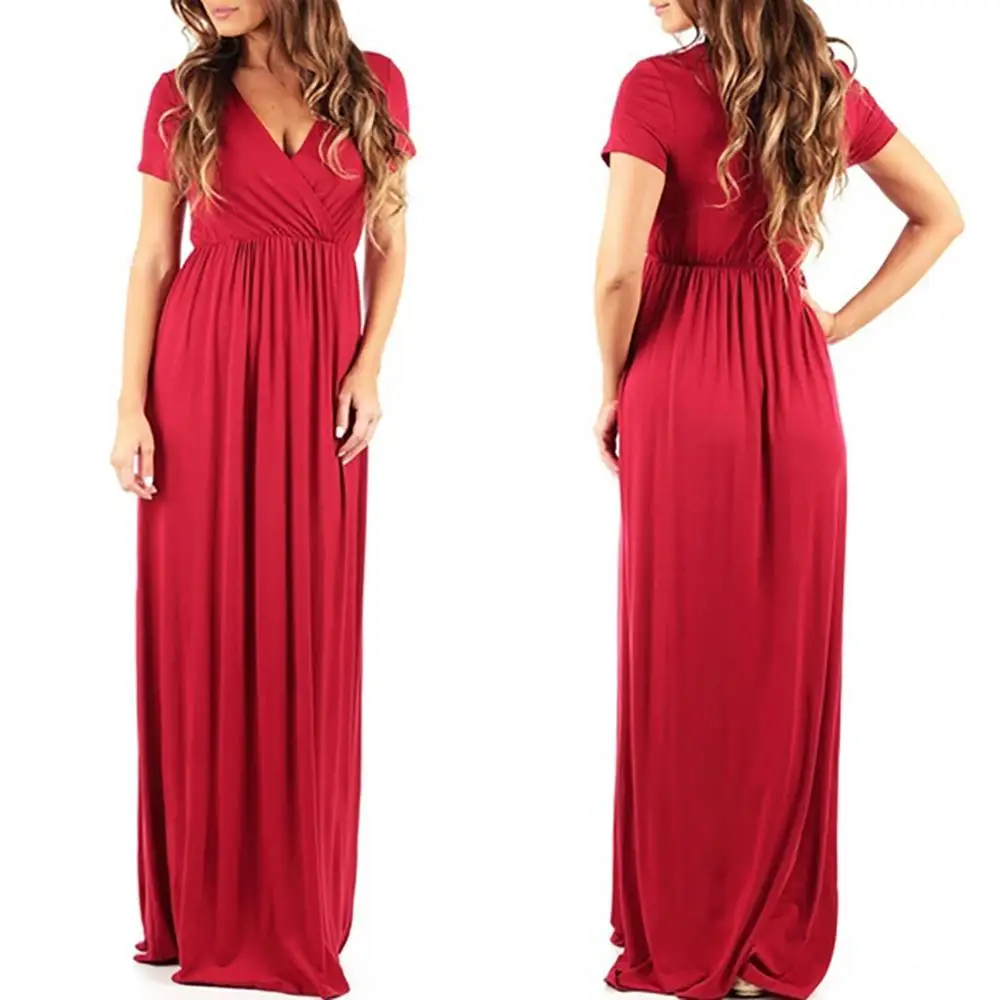 Новое летнее женское платье, модное повседневное Макси платье с коротким рукавом и v-образным вырезом, однотонное женское платье размера плюс S-5XL - Цвет: 2-XB-9-Red