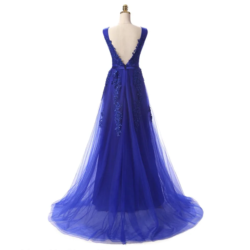 Beauty-Emily Vestido De Festa Blue Lace V-neck Long Evening Dresses 2019 Party Sexy Backless Prom Dresses 12 Colors plus size formal wear