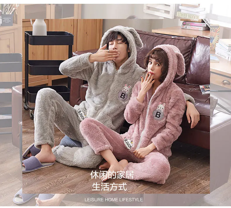 Winter Coral Fleece Couple Cute Cartoon Home Sleepwear Suit Men Warm Hooded Pyjamas Pajama Set Embroidery Rabbit