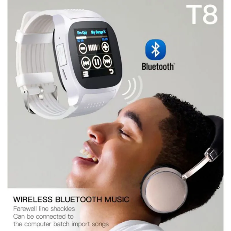 

New T8 Bluetooth Smart Watch Support SIM TF Card With Camera Sports Wristwatch Music Player for Apple Android pk M26 DZ09 A1