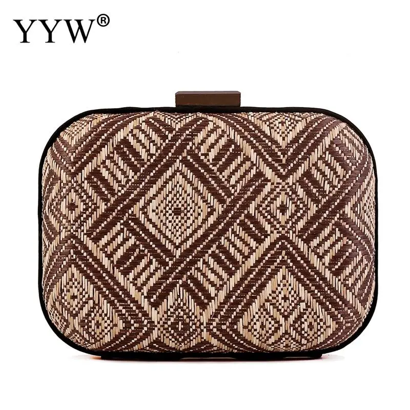coffee color Винтажная соломенная коробка, клатч, кошельки, вечерняя Свадебная вечеринка, клатчи, женская сумка, тканевая сумка через плечо с цепочкой, сумочки, кошелек - Color: coffee color