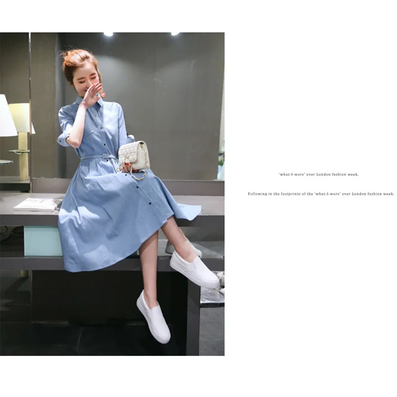  Women's clothing solid color half-sleeved belt slim denim shirt dress ladies fashion casual long section jeans dress (5)