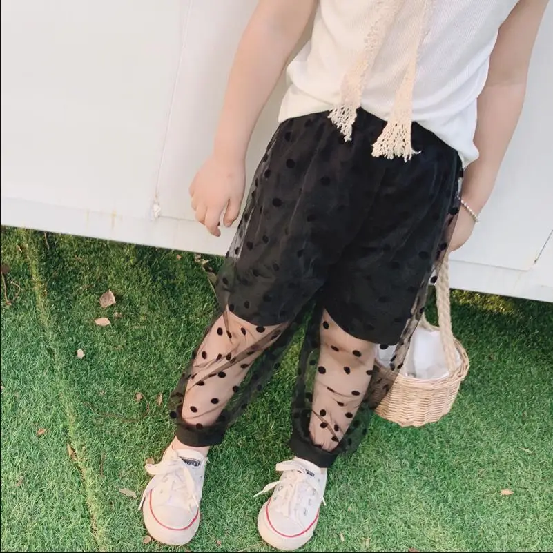 

2019 summer new thin Dot mesh patchwork pants baby girls ankle-length pants children elastic waist pants kids clothes ws732