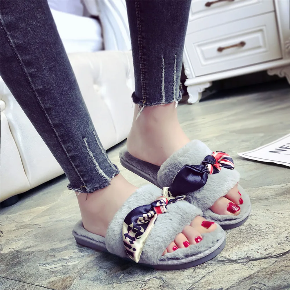 

MUQGEW Shoes Woman Winter autumn 2019 Japanes Slip On Bownot Sliders Fluffy Faux Fur Flat Slippers Sleep Sandals chanclas mujer