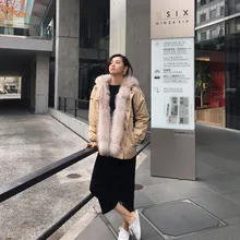 Зимняя куртка для женщин, Лисий мех, подкладка, плечи, кнопка, парка, пальто с капюшоном, сохраняющее тепло, хлопок, осень, зимнее пальто, женское повседневное пальто