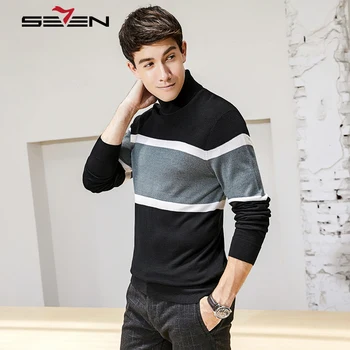 

Seven7 Striped Turtleneck Sweater Men Plus Size Contrast Color Winter Thick Warm Cashmere Mens Slim Fit Wool Pullover 113Y68160