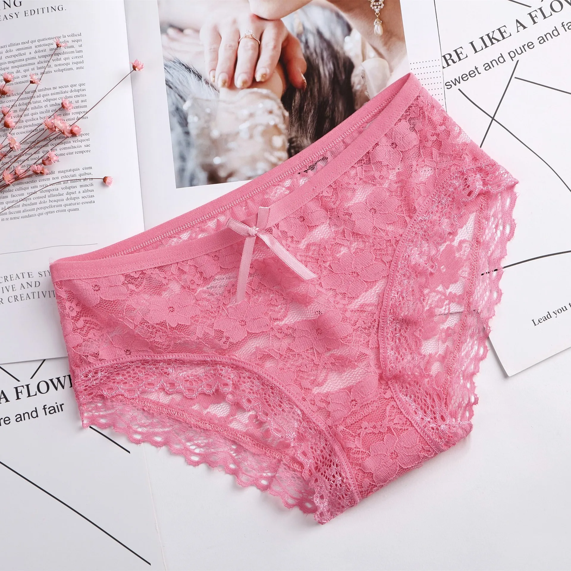 Briefs for Women Lace Cotton Sexy Lingerie Panties Girls Underwear Solid Color Bow Tie Underpants Ladies Panty Calcinha - Color: Watermelon red