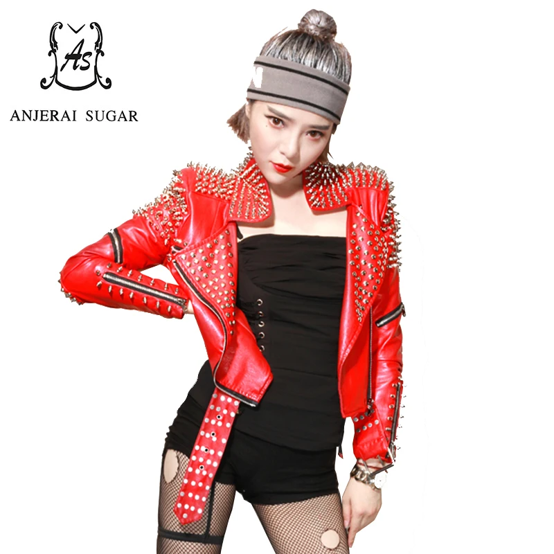 Manteau Mince Veste En Rouge down Courte Rock Turn Sexy Dj Femelle Rivet Printemps Collier Zipper Femmes Moto Club Cuir Pu SXW8xpfF