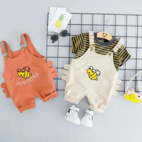 

UK 2PCS Kids Baby Boys Casual Clothes Stripe Bee Short Sleeve Tops+Bib Pants Outfit Sunsuit Summer