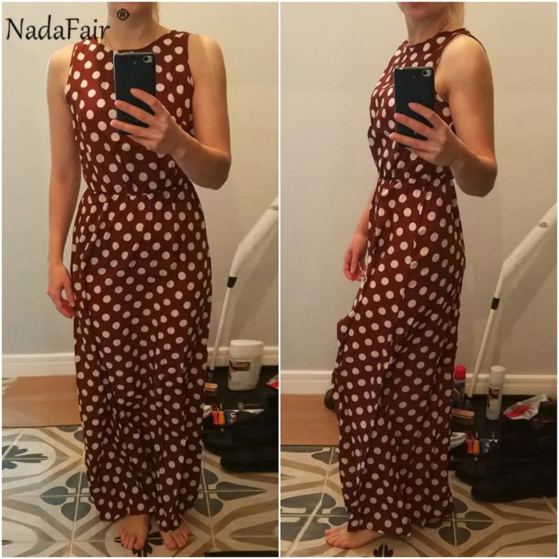 Nadafair Maxi Polka Dot Dress Women Boho Beach Party Chiffon Summer Dress Elastic Waist Dot Casual Elegant Long Dress Vestidos