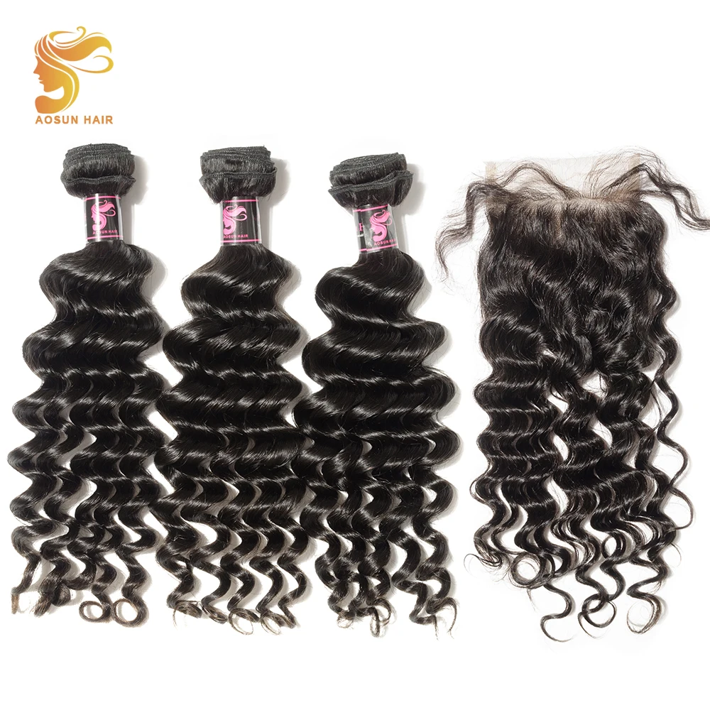 

AOSUN HAIR Natural Wave Bundles with Closure 3Pcs Malaysia Hair Weave Bundles 100% Human Hair Bundles with Closure Remy Hair