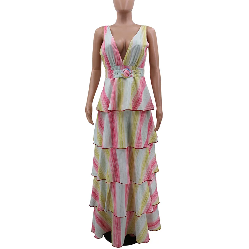 Красочное летнее пляжное платье для женщин с глубоким v-образным вырезом, многослойное богемное платье с оборками, милое платье макси без рукавов с открытой спиной